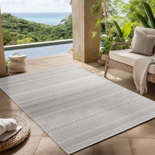 Carpettex Outdoor Teppich wetterfest Grau 240x340 cm, UV-beständig, ideal für Küche, Balkon, Terrasse, Garten auch Wohnzimmer und Esszimmer, Skandinavisches Boho-Design