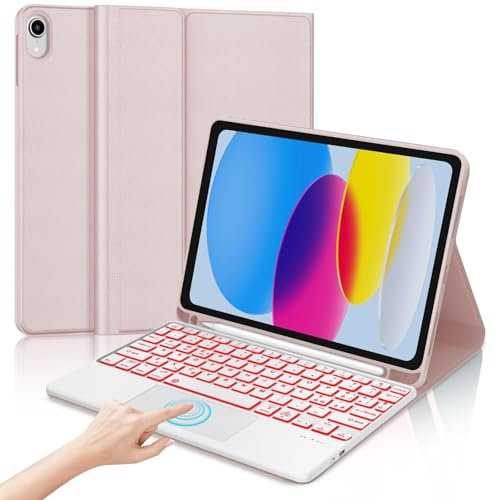 Teclado iPad A16 11/10 Generación (2025/2022) con Touchpad, Funda Teclado para iPad 10 Gen 10.9/11 Generación 11 Pulgadas, Español Ñ Bluetooth Retroiluminación con Despetar/Dormir Auto Funda, Rosa