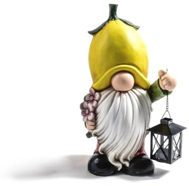 Decor Space Gartenzwerg für den Außenbereich aus Kunstharz, lustiger Zwerg mit Laterne, Höhe 39 cm (gelb)