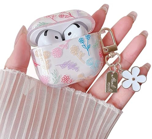 MINSCOSE Kompatibel mit AirPods 4 Klar Fall, niedliche Blume Blumen ästhetisches Design mit Blumen Schlüsselanhänger, weiche TPU Schutz Stoßdicht Fall für Frauen Mädchen für Airpods 4-Farbe