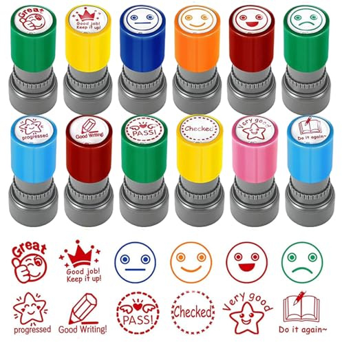 12 Stück Stempel Lehrer Selbstfärbender,Stempel Hausaufgaben,Lehrer Bewertung Belohnung Motivation Briefmarken,Lob Ermutigung Kinder,Lehrerstempel Grundschule(Englischer)