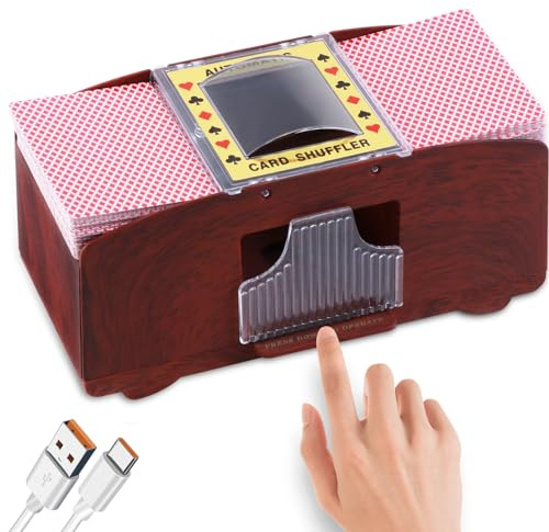 HJCMikee Automatic Kartenmischmaschine, 1 bis 2 Decks, Luxus-Holzmaserung, Kartenmischer Elektrisch für Karten, Batterie- oder USB-Stromversorgung