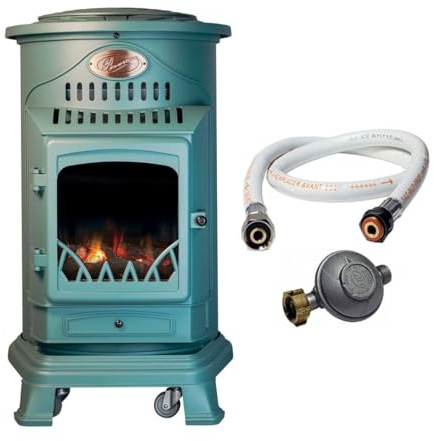 Sahara - Poêle à gaz Provence 3,4 KW Vert Effet poêle à Bois Fonte véritable Chauffage d'appoint + Tuyau gaz et détendeur gaz