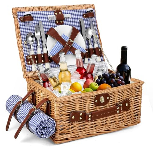Cesta de Picnic Mimbre para 4 Personas, Cesta Trenzada a Mano con Aislamiento Integrado y Manta Impermeable – Set Completo con 4 Cubiertos, Platos, Vasos para Camping Playa jardín