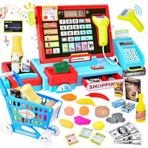 Herenear Elektronische Kasse Spielzeug für Kinder - inkl. Zubehör( Scanner, Rechnerfunktion, Zahlungsterminal, Spielgeld usw.), Supermarktkasse für EIN Rollenspiel, Spielkasse für Kinder ab 3+ Jahre