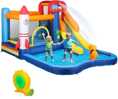 AIYAPLAY Castello Gonfiabile per Bambini 5 in 1 Parco Acquatico, Scivolo, Trampolino, Piscina Palline, Arrampicata, Tubo Acqua, Soffiatore, Borsa Trasporto, Interni Esterni, 3-8 Anni, 360x250x195cm
