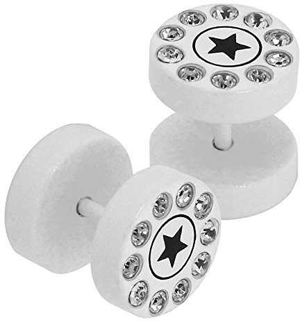 Tumundo 2 Goujons Faux-Bouchons Fake Plug 10mm En Acier Strass Glitter Star Ear Piercing, variante:blanc