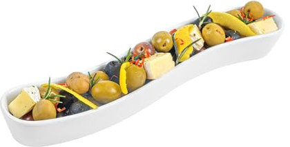 Restaurantware Swerve 10 oz Curved White Porcelain Olive Plate - 12 x 2 1/2 x 1 1/2 - 1 count box