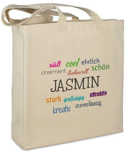 Stofftasche mit Namen Jasmin - Motiv Positive Eigenschaften - Farbe beige - Stoffbeutel, Jutebeutel, Einkaufstasche, Beutel