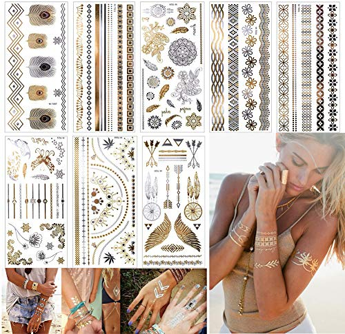 EQLEF Autocollants de Tatouages métalliques temporaires inimitables, 8 Feuilles de Tatouages de Bijoux Faux Corps Brillant pour Les Femmes Les Jeunes Filles