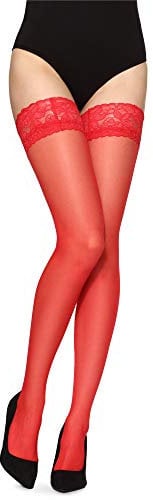 Merry Style Collant Bas Fin Transparent Autofixant pour Porte-jarretelles Lingerie Sexy Sous-vêtements Femme MS 200 15 DEN (Rot, M-L)