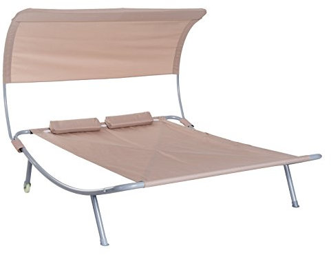 Outsunny Doppelliege Sonnenliege Gartenliege mit Dach rollbar Stahl Beige 200 x 170 x 130 cm