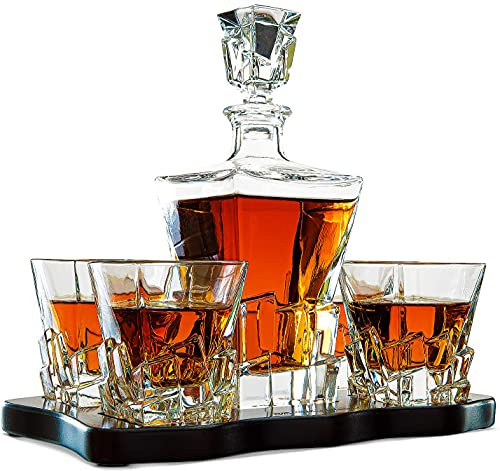 Ridge Japanese Crystal Whisky Decanter Set with 4 Tumbler Glasses, Lead-Free Liquor Carafe & 10oz Rocks Glasses - Scotch Bourbon, Spirits & Wood Base Elegant Barware Gift for Men, Japan Design Gifts