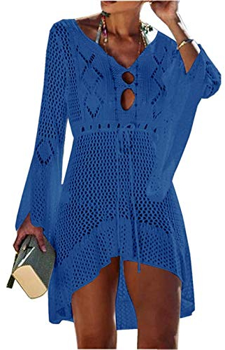 Jinsha Vestiti-Abito Sexy-Copri Costumei-da Spiaggia - Woman Dress Scollo a V-Collo Maglia Uncinetto Camicia Boho Pareo Top Tunica Cover up da Spiaggia Bikini Beach Bagno Mare Estivo Donna Blu