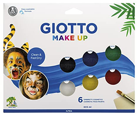 GIOTTO Make-up, Pinturas faciales cosméticas de secado rápido que se lavan fácilmente de la piel , 6 colores empaquetados en cajas individuales con pincel y esponja, Colores Clásicos, 8 uds.
