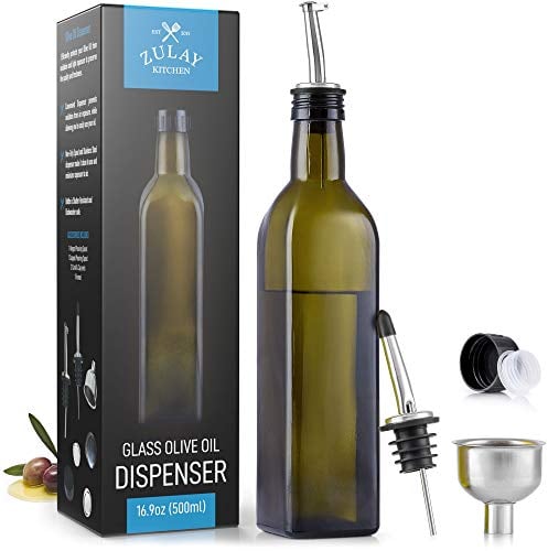 Zulay (17oz) Botella dispensadora de aceite de oliva para cocina Botella de aceite de oliva de vidrio con 2 boquillas 2 corchos extraíbles, 2 tapas y 1 embudo Botella de aceite para cocina