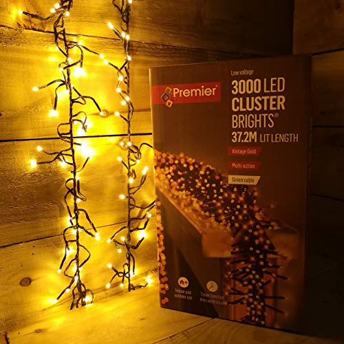 Premier 37,2 m 3000 Vintage Gold LED Multi-Action Cluster Lichterkette hell mit 8 Stunden Timer für drinnen und draußen
