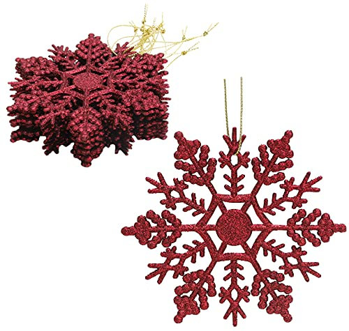 Packung mit 12-10 cm Glitter Schneeflocke zum Aufhängen - Weihnachtsschmuck… (Rioja Rot)