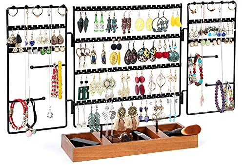 QILICZ Ohrringständer Ohrringhalter Schmuckständer, Beweglich Schmuckhalter und Holztablett - Ohrring Organizer mit Ring und Ketten Schmuckregal Ohrschmuck-Display Ohrstecker Schmuckaufbewahrung
