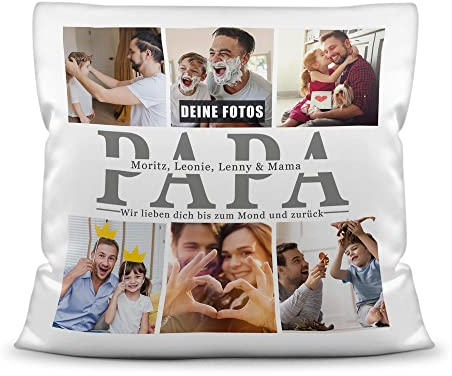 Foto-Kissen selbst gestalten - Papa wir lieben Dich - Collage mit 6 Fotos & Namen - Geschenk für den besten Papa von Kindern - inkl. Füllung, Kissen Polyester Weiß, 40x40 cm