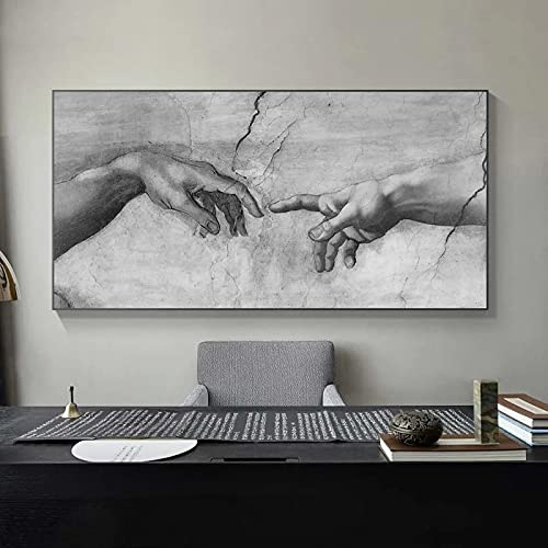 Yishui Art Schwarz-Weiß-Leinwandgemälde Die Erschaffung Adams von Michelangelo Berühmte Wandkunstposter und Drucke Hand-zu-Hand-Bilder 70 x 140 cm (28 x 55 Zoll), rahmenlos