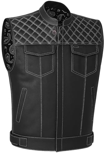Jackets 4 Bikes SOA Men's Motorcycle Vest, Geniune Buffalo Leather, Back Armor, Inside Pockets, Motorbike Riding Club Vests Paisley White M