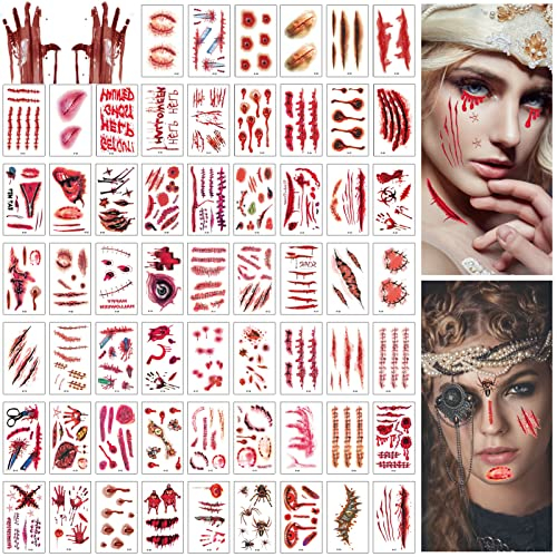 TOPJOWGA Halloween Tattoos Aufkleber, 60 Blatt Halloween Temporäre Tattoo Aufkleber, Temporäre Tattoos, Halloween Tattoo Gesicht, Gefälschte Wunden, Narben Tattoos für Halloween Party
