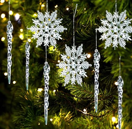 YIEUR 30 Stück Christbaumschmuck Eiszapfen Schneeflocken Anhänger, 13cm Weinachten Acryl Eiszapfen Deko Weihnachtenbaum Anhänger (A-Big)