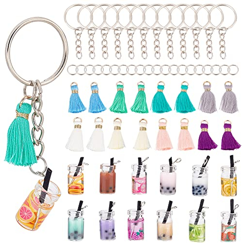 OLYCRAFT 60 Stück Bubble Tea Schlüsselanhänger Kit Bunte Schlüsselanhänger Milchtee Schlüsselanhänger Zubehör Mit Quasten Schlüsselanhänger Ringe Für DIY Schlüsselanhänger Schmuckherstellung
