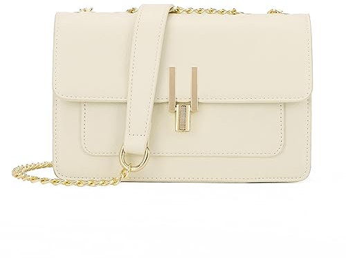 KL928 Umhängetasche Damen Kleine Handtasche PU Leder Crossbody bag damen Schultertasche mit Metall Schulterriemen (Off-white)