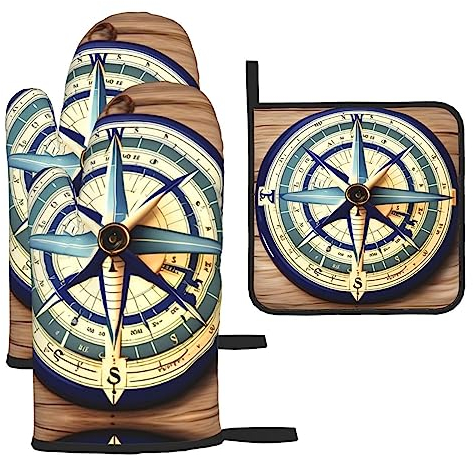 Maritimes Segelboot Kompass Druck Ofenhandschuhe Topflappen Set, Hot Pads, Grillhandschuhe, perfekt für Küche Kochen Backen