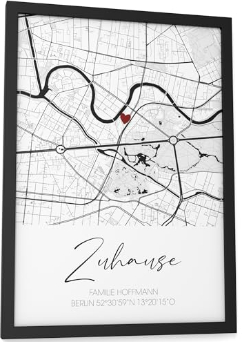 Papierschmiede® Einzugsgeschenk Bild für Haus und Wohnung DIN A4 (21x30 cm) Rahmen wählbar, Personalisiertes Koordinaten Poster Landkarte Einweihungsgeschenk, Geschenke für Familie zum Einzug