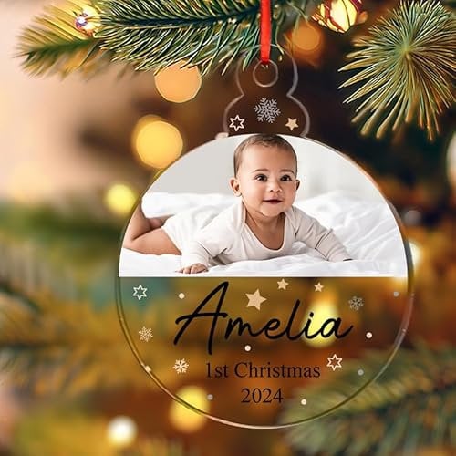 Personalised Christmas Bauble Baby’s First Xmas Tree Decoration Acrylic Hanging Ornaments Gift - Made in UK (Star Design) - Thick 3MM