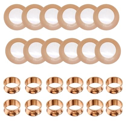 WedDecor Set of 12 Round Checkered Rose Gold Charger Plates and Napkin Rings, Presentation Dinner Plates and Hammered Design Beaded Edge Napkin Rings for Wedding Thanksgiving Birthday Dinner Party