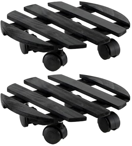 GEEZY Round Wooden Movable Garden Plant Pot Caddy Flowerpot Stand Trolley Mover Dolly on Wheels Indoor Outdoor Pack of 2