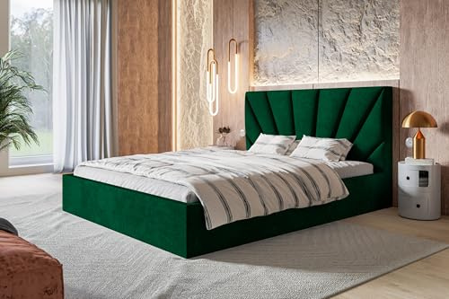 AlpiMeble Polsterbett 180x200, Kronos-Stoff, Holzrahmen, Grün | Bett, Betten mit Bettkasten, Modern Betten, Weicher Stoff, Kollektion Slim Denver