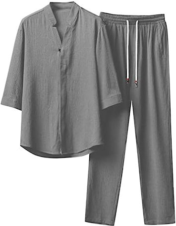 LZPCarra Tuta per il tempo libero da uomo, in cotone, sottile, in due pezzi, estiva, per il tempo libero, in lino, 2 pezzi, per la spiaggia, per la casa, il jogging, lo yoga, grigio., XXXL