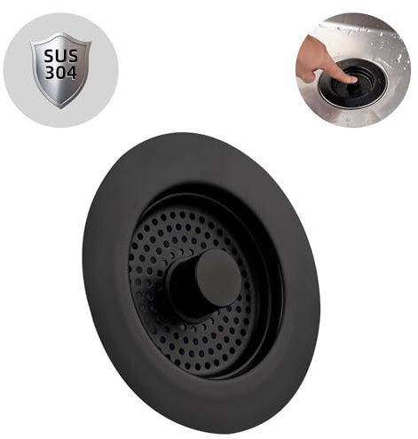 Hibbent Kitchen Sink Plug,Kitchen Sink Strainer and Stopper Combo, Stainless Steel Stopper and Strainer,Anti-Clogging,Kitchen Sink Strainer Plug,and Prevent Odors-Sinks Depth > 22mm-Black