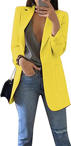 OMZIN Damen Business Taschen Offene Front Anzug Strickjacke Solide Blazer Büro Elegante Blazer Jacke Gelb M