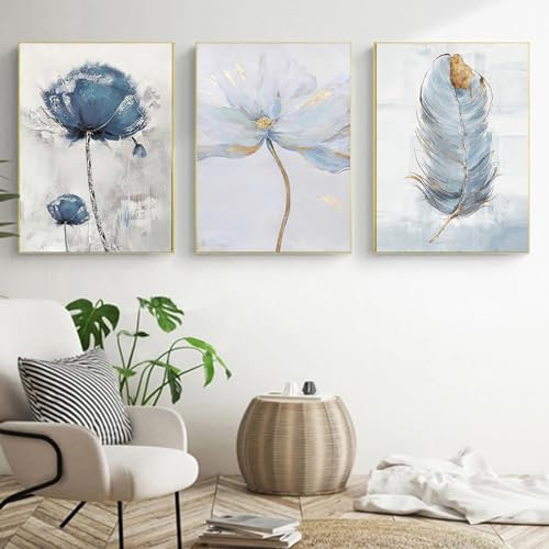 Herfair Bilder Wohnzimmer 3er Set Blumen Feder Wandbilder Poster Aesthetic Leinwand Bilder Schlafzimmer Wanddeko Ohne Rahmen (40 x 50 cm)