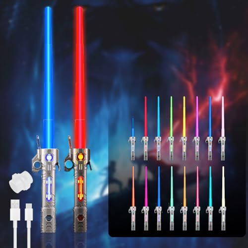 CJBIN 2 Pcs Laserschwert Kinder, 15 Farben Star Wars Lichtschwert, Laserschwert Star Wars Led Lightsaber Lichtschwerter Mit Licht & Sound, 2 In 1 Einziehbares Laserschwert für Kinder(Silber + Schwarz)