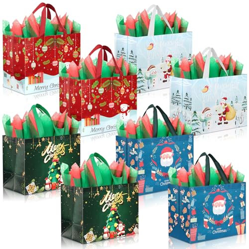 Dawumin 8 Stück Geschenktüten Weihnachten Groß, Non Woven Weihnachtstaschen mit Griffen, Weihnachtssackerl, 32.5 X 25 X 17 cm Weihnachtstüten Groß XXL, Geschenktüte Nikolaus (8pcs)