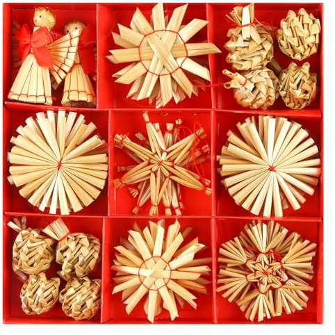 HYran Strohsterne Set, 34-Teiliges Christbaumschmuck, Weihnachtsbaumschmuck aus Stroh, Natürlicher Christbaum-Behang, Stroh-Anhänger und Deko
