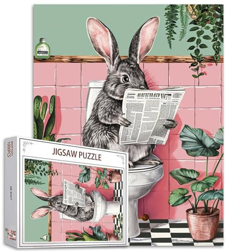 Tucocoo Cute Rabbit Newspaper Jigsaw Puzzles for Adults 1000 Piece, Funny Animals Bunny on Toilet Art DIY Crafts Puzzles for Home Decoration Gifts, Family Challenging Puzzle Perfect for Game Nights