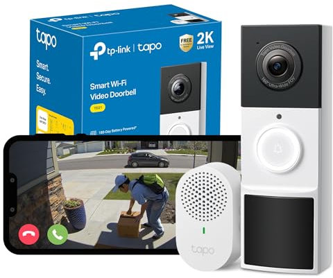 Tapo TD21(Renewed) Battery Video Doorbell Wireless 2K 3MP Ultra-Clear Doorbell Camera, Ring Chime Included, Color Night, 160°DFOV Ultra-Wide, TP-Link Free AI Detection,IP65, No Monthly Fee