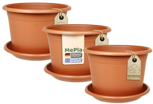 MePla Lot de 3 pots de fleurs cylindriques de 15 cm de diamètre + soucoupe de 14 cm de diamètre, terre cuite, résistant aux intempéries, en plastique résistant aux UV