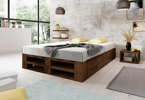 Lermowood Palettenbett M2 aus Holz 180 x 200 cm Palisander mit Lattenrost und 2 Bettkästen Holzbett 40cm Stabiles Seniorenbett Kinderbett Jugendbett Gästebett erhöhtes Bettgestell Futon Komforthöhe