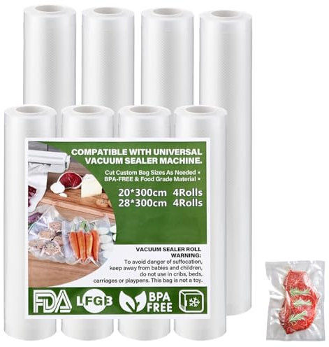 Vacuum Food Sealer Rolls Bags,8 Pcs BPA-Free Vacuum Sealer Rolls, 20x300cm and 28x300cm Food Vacuum Seal Bags for Refrigerator Microwave Oven Boiling Steam