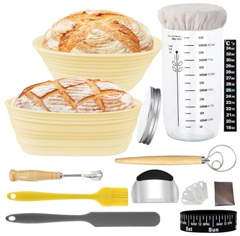 Hniuyun Sourdough Starter Kit with Silicone Proofing Baskets & Tools | 650ml jar, 9 round & 10 oval banneton, scraper, thermometer, tracker, scraper, complete sourdough bread baking supplies