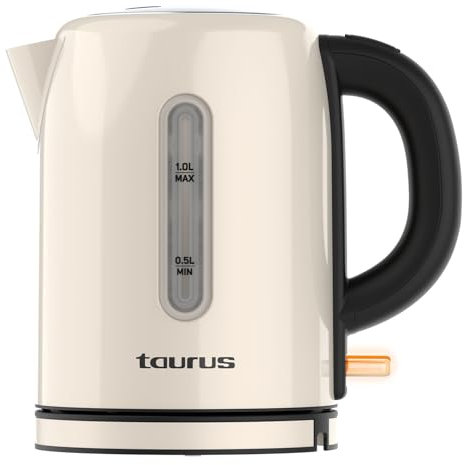 Taurus – Hervidor eléctrico Vintage Compact Cream | 2400W | 1L | Base 360° | Apagado automático | LED | Asa ergonómica | Visor de agua | Inox | Medidor tazas | Crema